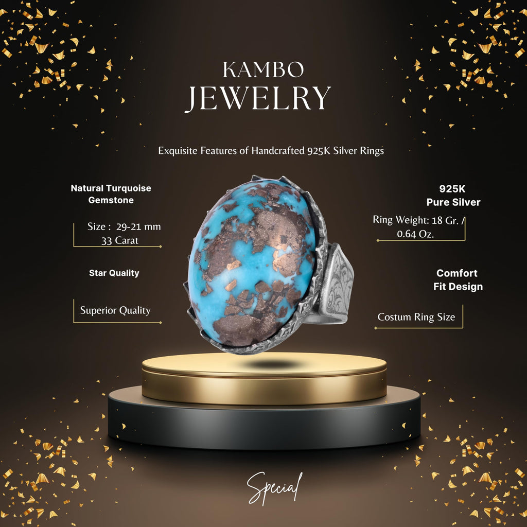 KAMBO 925 Sterling Silver Natural Turquoise Stone Large Men's Ring – Handmade Spiritual Healing Jewelry (Style-3) — 2