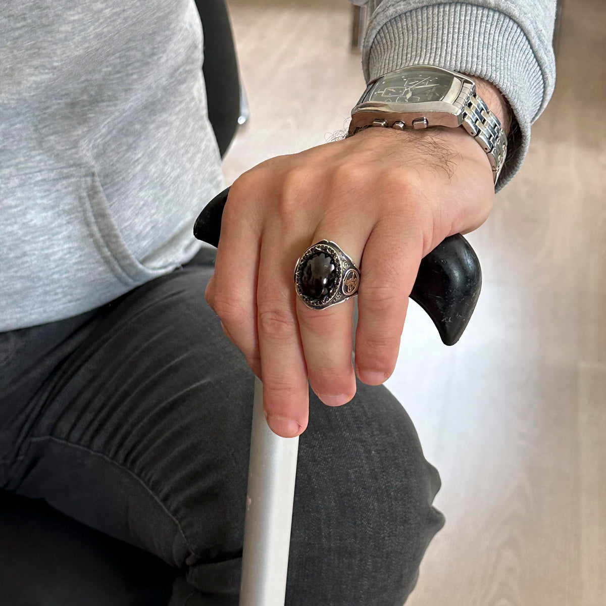 925 Sterling Silver Men's Ring - Garnet Stone — 3