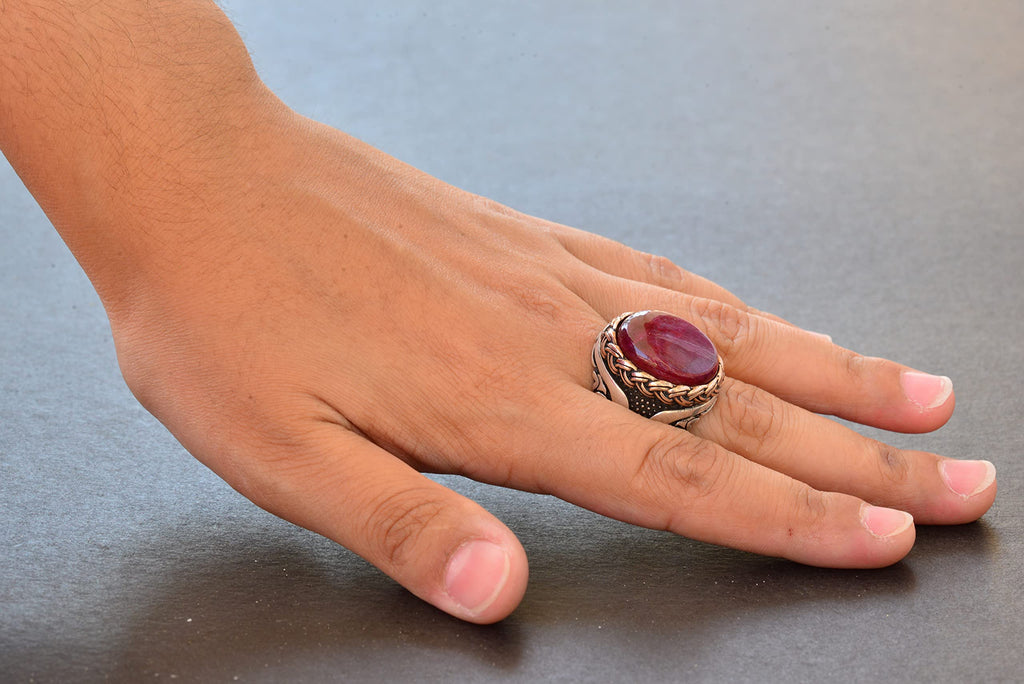 Natural Cabochon Ruby Stone Silver Men's Ring — 6