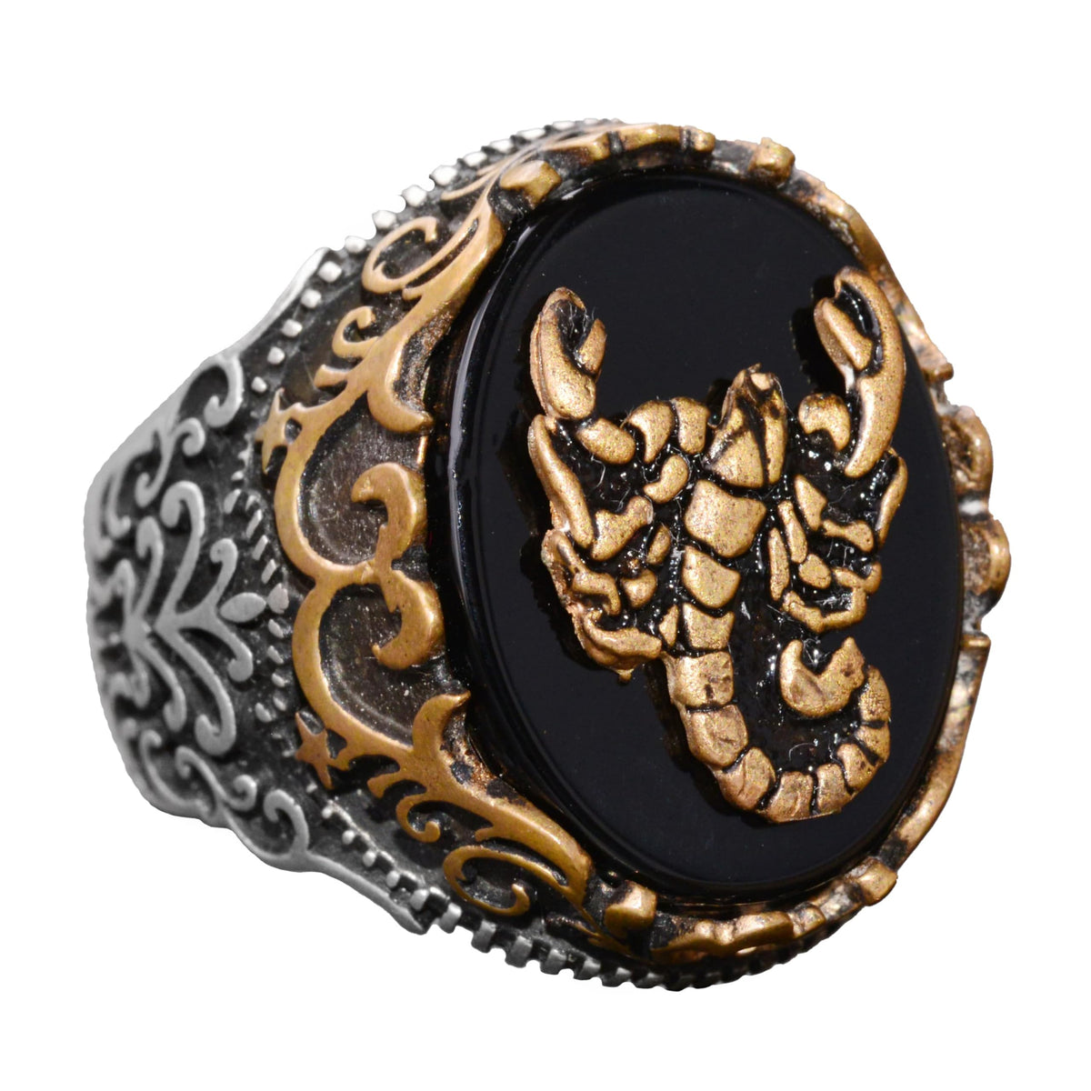 Natural Obsidian Stone Ring - 925 Sterling Silver Ring - Stamp Ring (Scorpion)