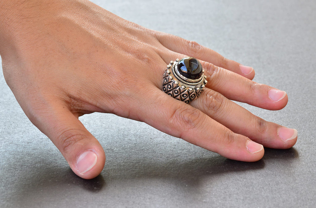 Silver Men's Ring with Natural Garnet Stone — 8