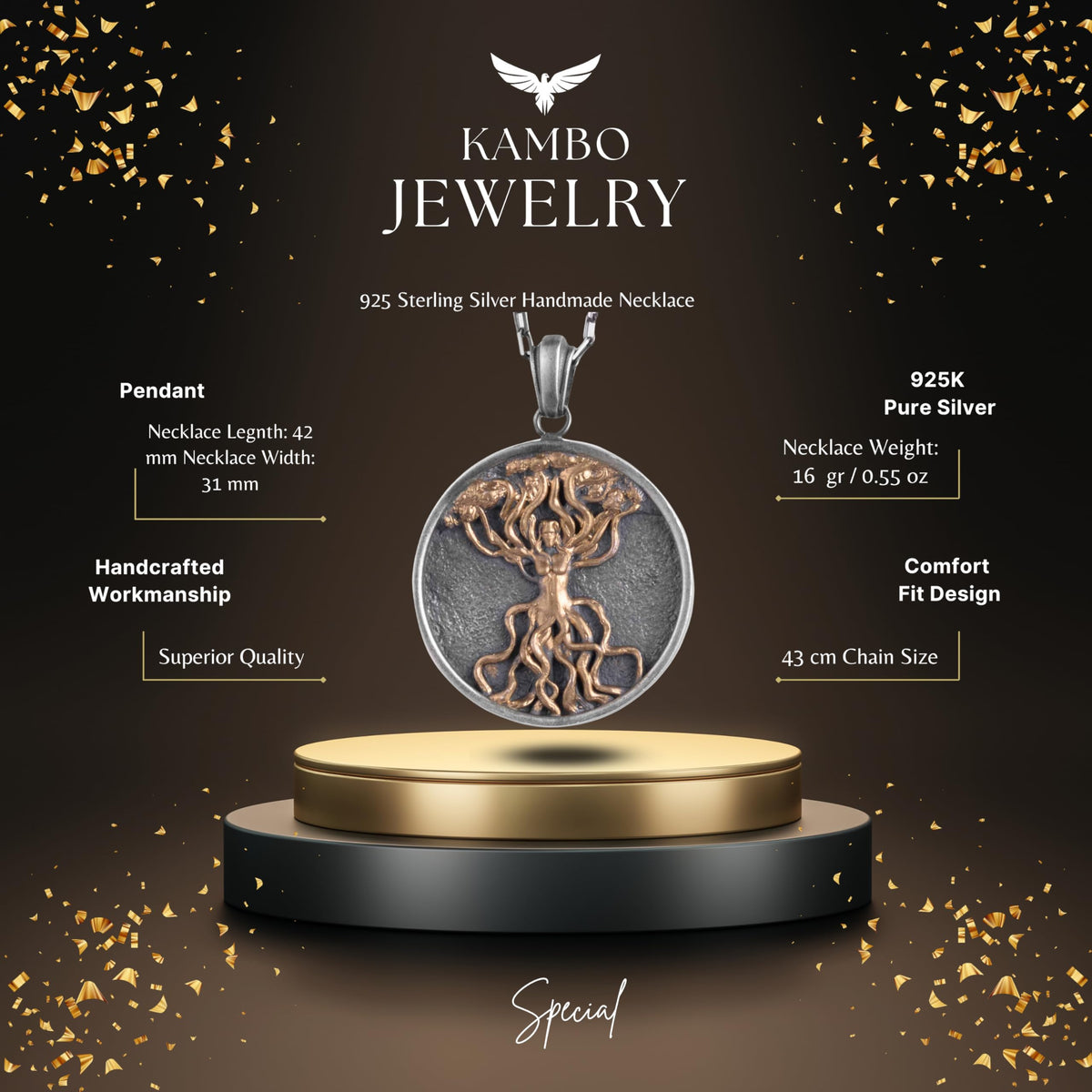 KAMBO Tree of Life Spirit Necklace - 925 Sterling Silver Handmade Chain Necklace for Men - Symbol of Life, Growth, and Strength for Nature Lovers (Gold Plated) — 2