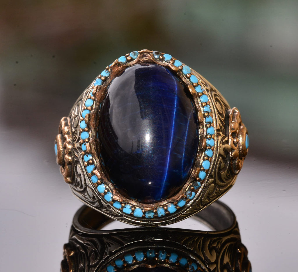 King Ring - Artificial Blue Tiger's Eye Stone, 925 Sterling Silver Unisex Ring — 5