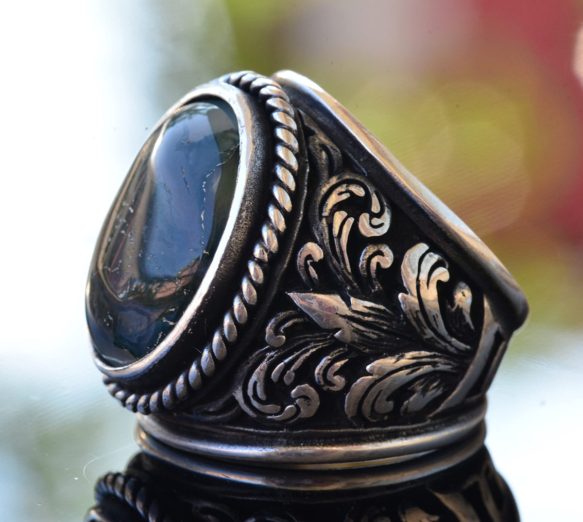 925 Sterling Silver Ring - Natural Agate Stone (Moss Agate) — 4