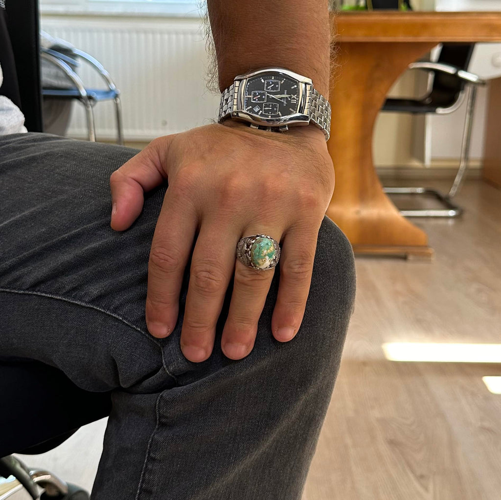 Natural Arizona Turquoise Stone Ring, Islamic Detailed Ring, 925 Sterling Silver Ring — 3