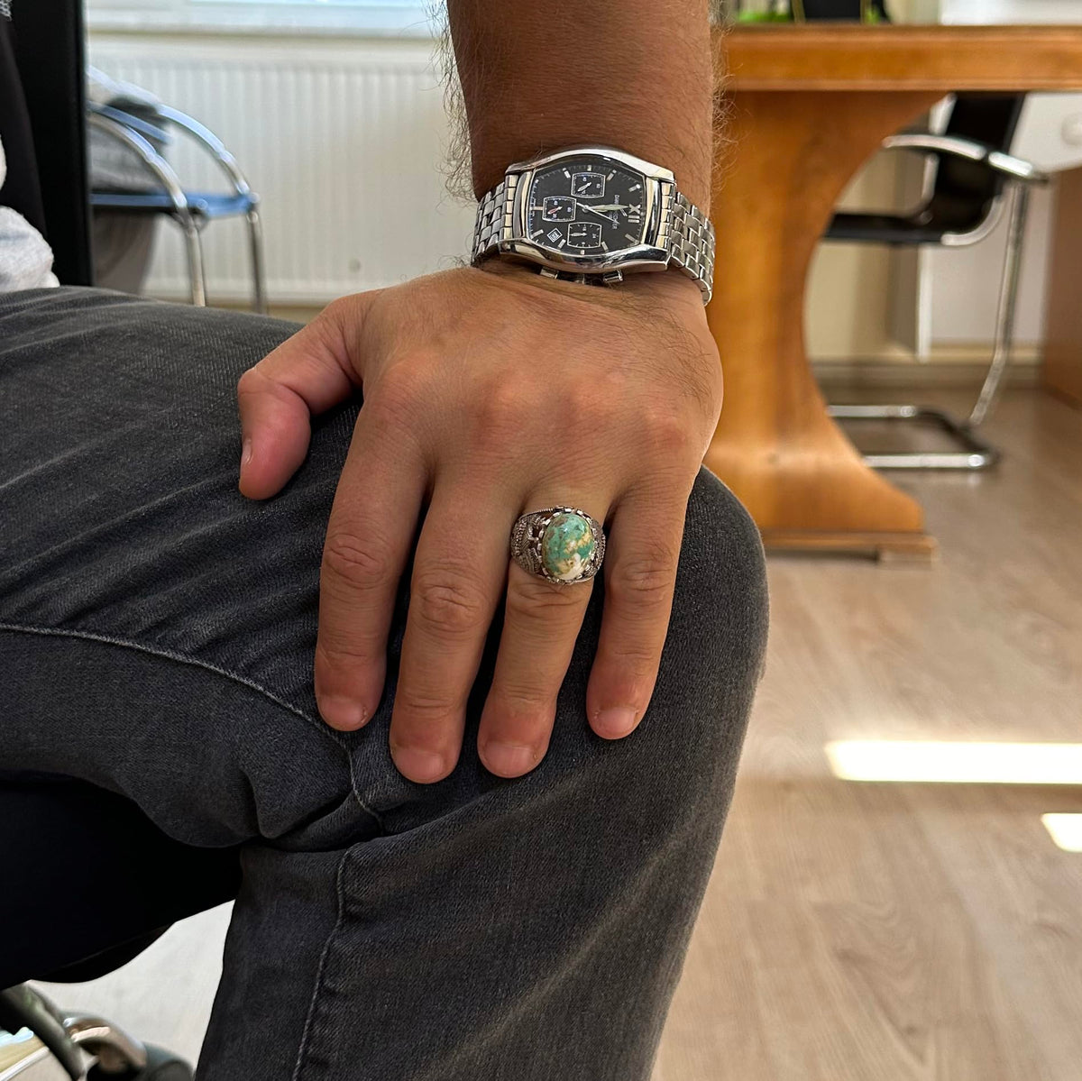 Natural Arizona Turquoise Stone Ring, Islamic Detailed Ring, 925 Sterling Silver Ring — 3