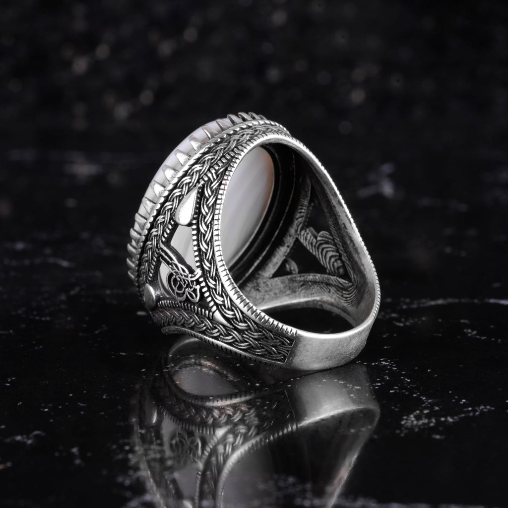 KAMBO Natural Yemen Agate Stone Men's Ring – 925 Sterling Silver Large Statement Ring – Handmade Ottoman Tugra Design Jewelry (Style-1) — 6