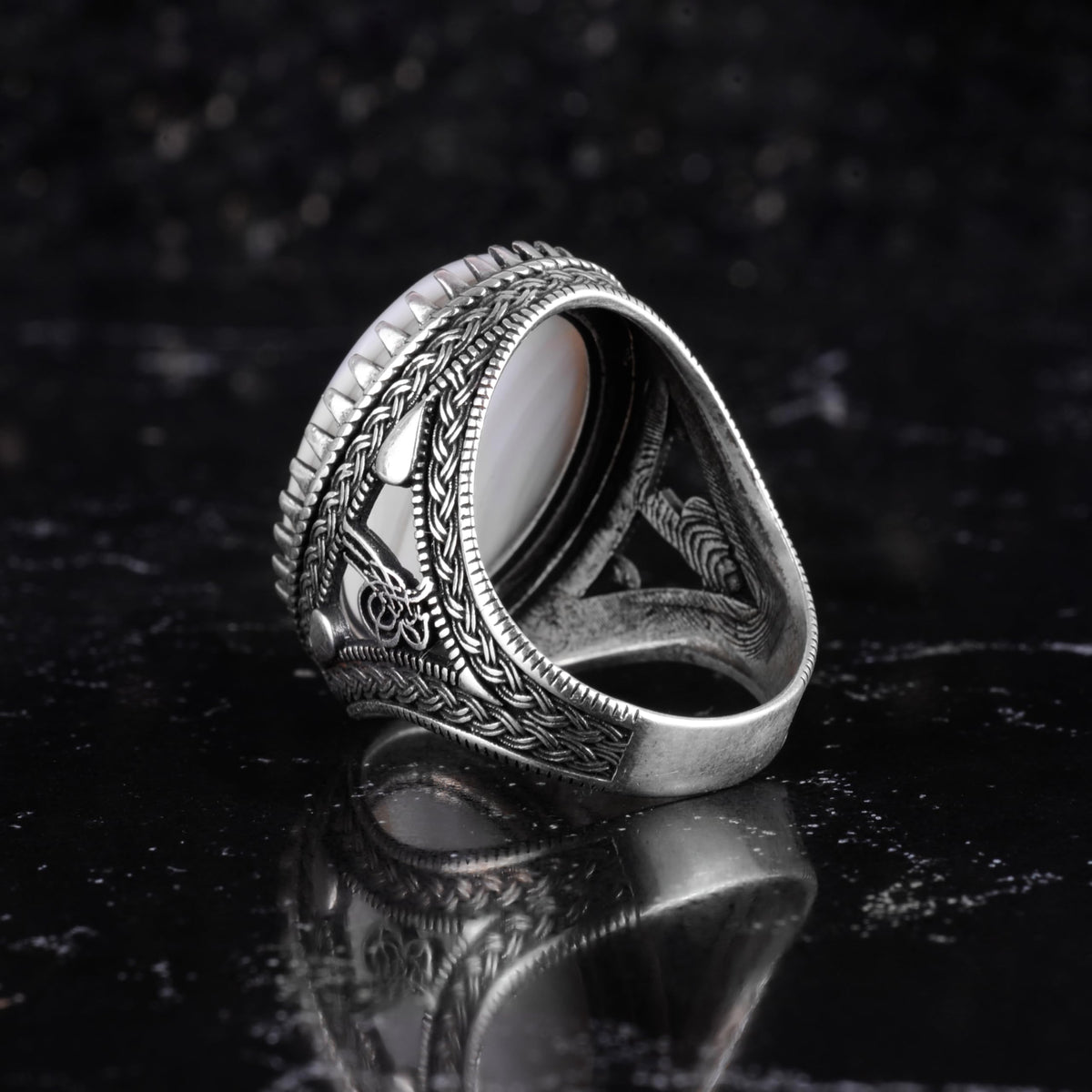 KAMBO Natural Yemen Agate Stone Men's Ring – 925 Sterling Silver Large Statement Ring – Handmade Ottoman Tugra Design Jewelry (Style-1) — 6