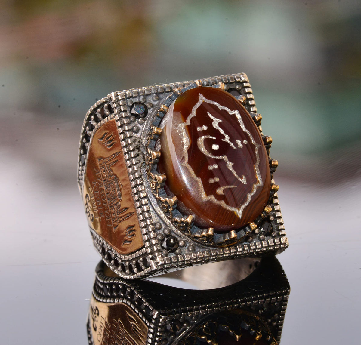 Natural Agate Gemstone Ring - Islamic Religious Gift, Silver Arabic Men's Ring — 3