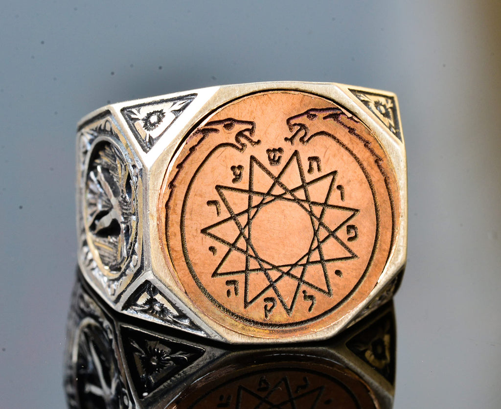 KAMBO Men's Masonic Ring Handmade 925 Sterling Silver Jewish Magic Ring with Double Headed Dragon Design Vintage Stateme