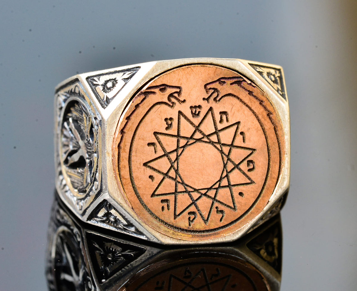 KAMBO Men's Masonic Ring Handmade 925 Sterling Silver Jewish Magic Ring with Double Headed Dragon Design Vintage Stateme