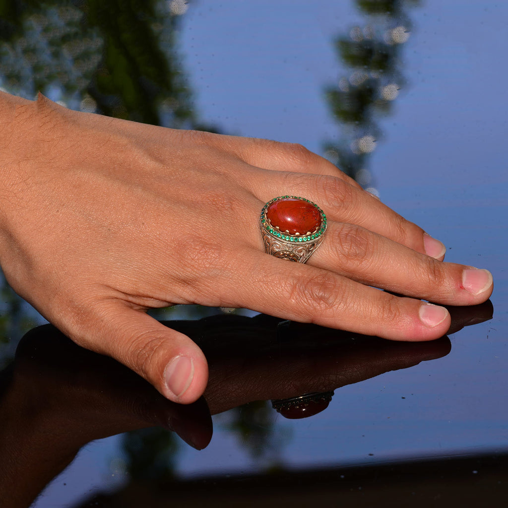 Handmade Natural Red Coral Ring | 925 Sterling Silver Men's Ring — 6