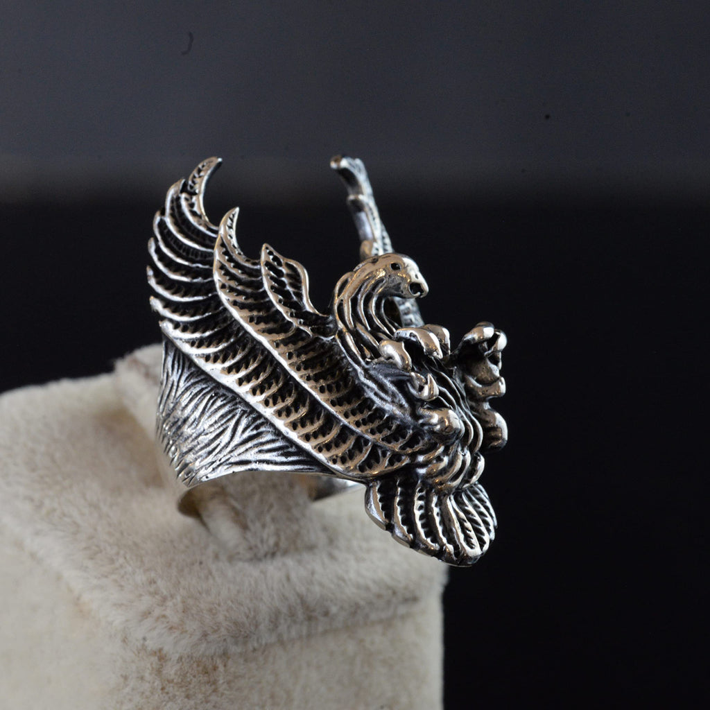 Large and Heavy Ring, Phoenix Ring, Skull Ring, Biker Ring, 925 Sterling Silver Men's Ring — 3
