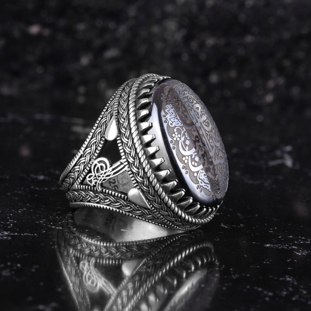 KAMBO Natural Hematite Stone Ring – 925 Sterling Silver Ottoman Tugra Design – Islamic Men's Statement Ring (Ya Ali) — 6