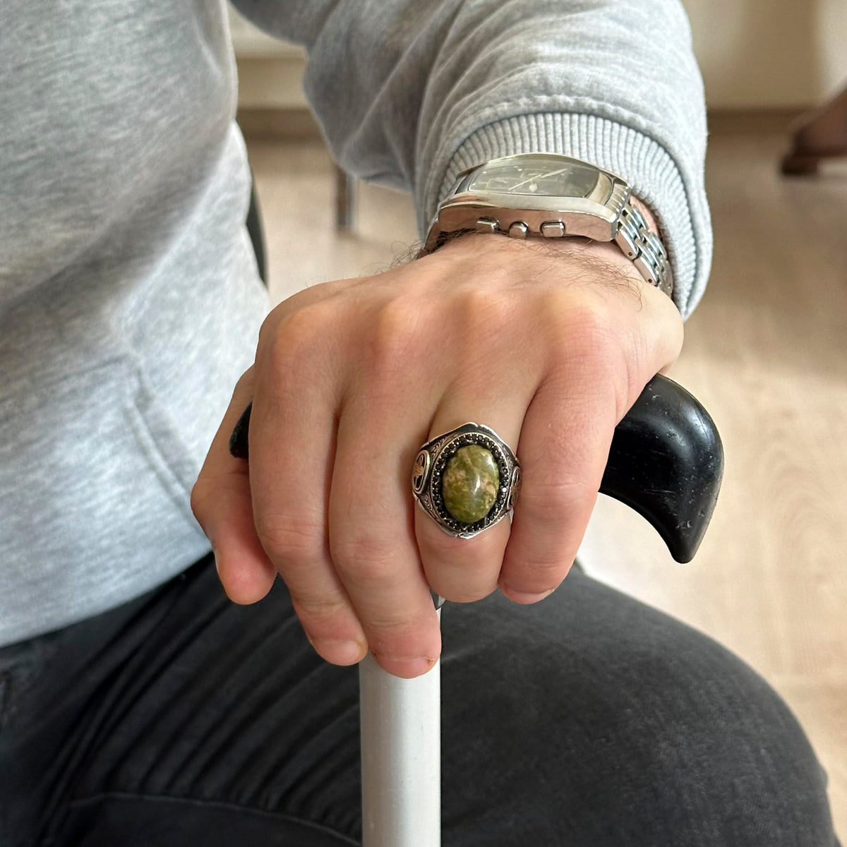 925 Sterling Silver Men's Ring - Unakite Stone — 3
