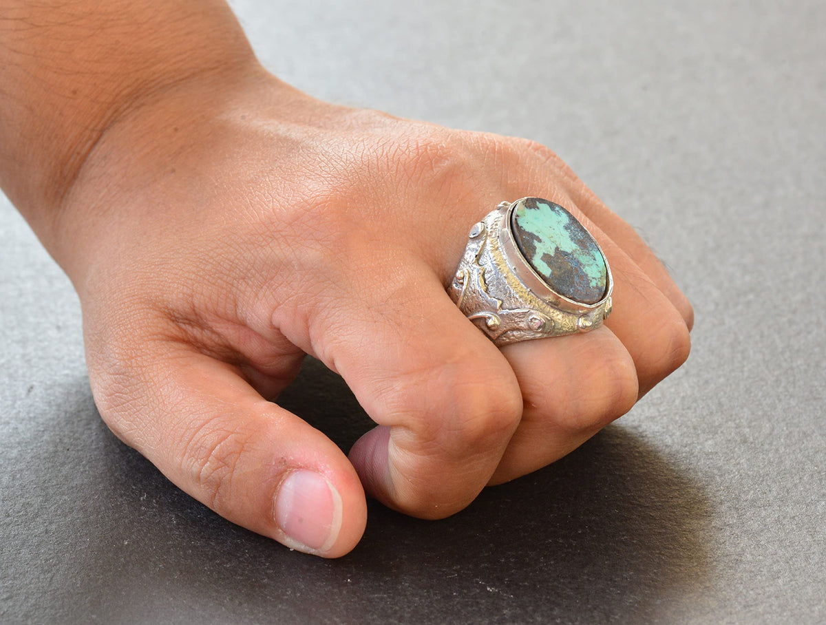 KAMBO Natural Arizona Turquoise Stone Ring, Byzantine Ring, Silver Men's Ring — 7