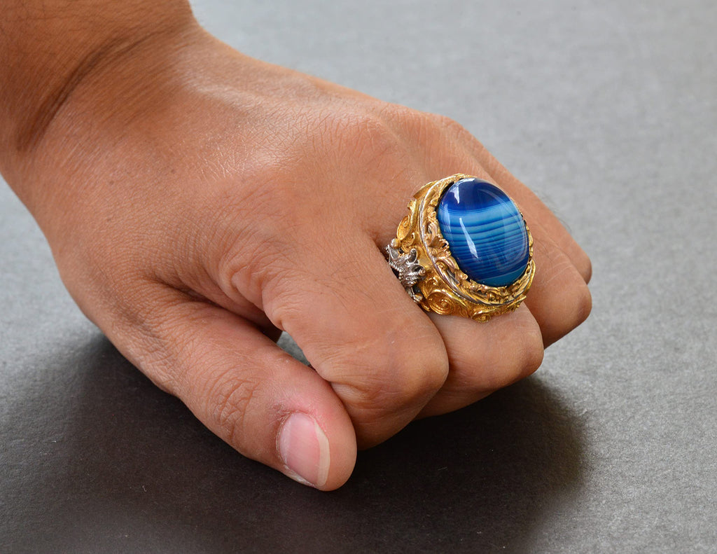 Natural Blue Agate Stone Men's Ring, Gold Plated 925 Sterling Silver Ring, Handmade Silver Ring — 7