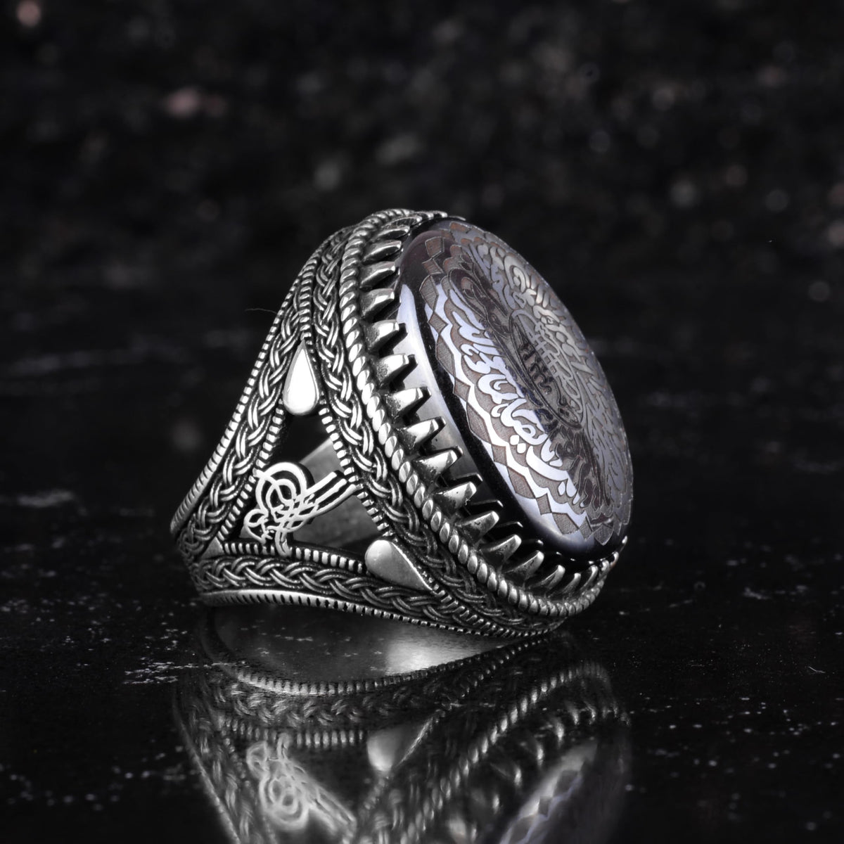 KAMBO Natural Hematite Stone Ring – 925 Sterling Silver Ottoman Tugra Design – Islamic Men's Statement Ring (Arabic Allah Inscription) — 4
