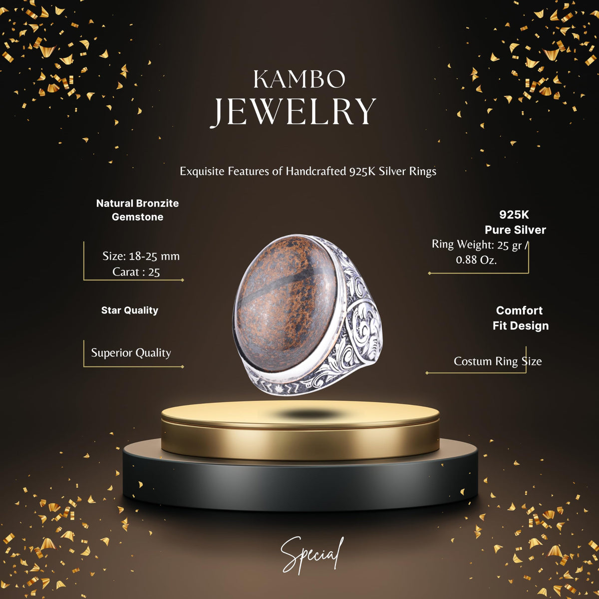 KAMBO Natural Bronzit Stone Large Men's Ring - Bronzit Stone Ring - Ottoman Floral Engraved 925 Sterling Silver Handmade Ring — 2