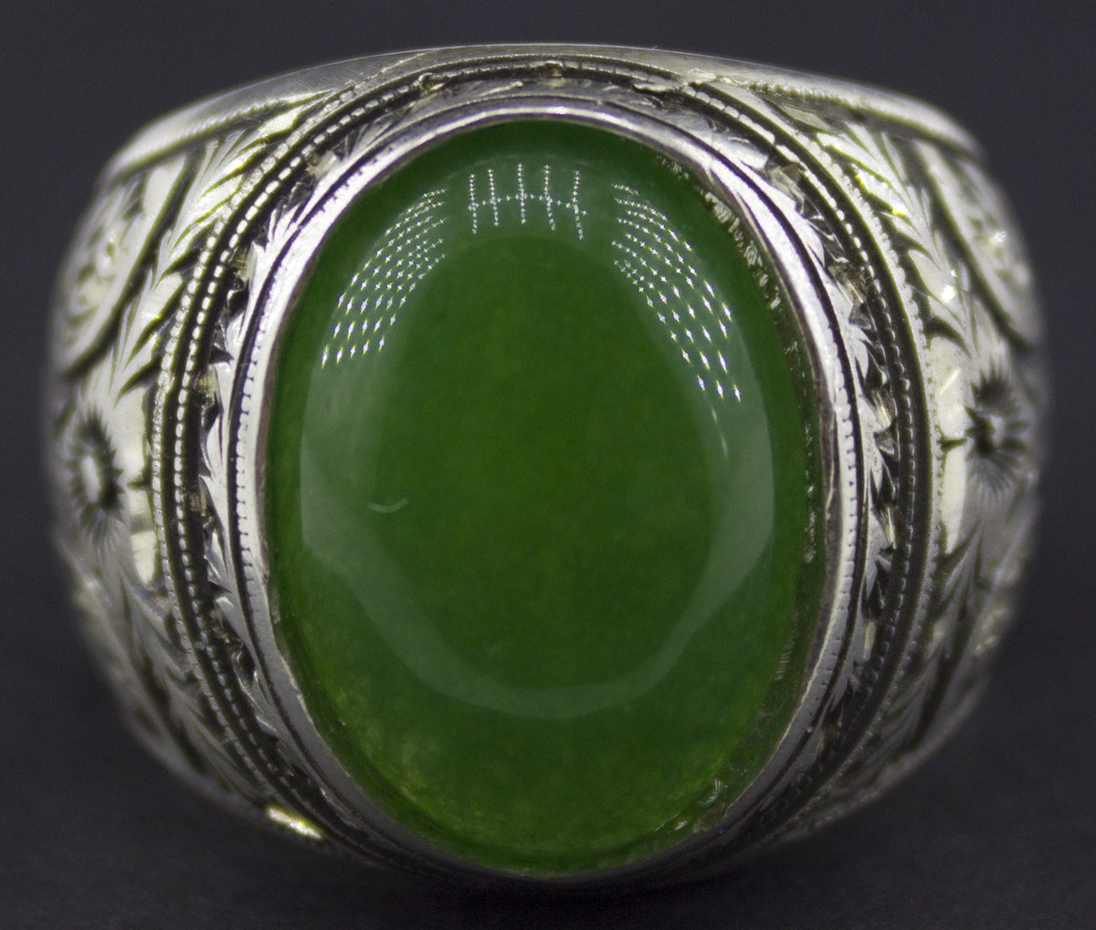 KAMBO Handmade Vintage 925 Sterling Silver Men's Ring with Natural Jade Gemstone, Byzantine Leaf and Botanical Ottoman D