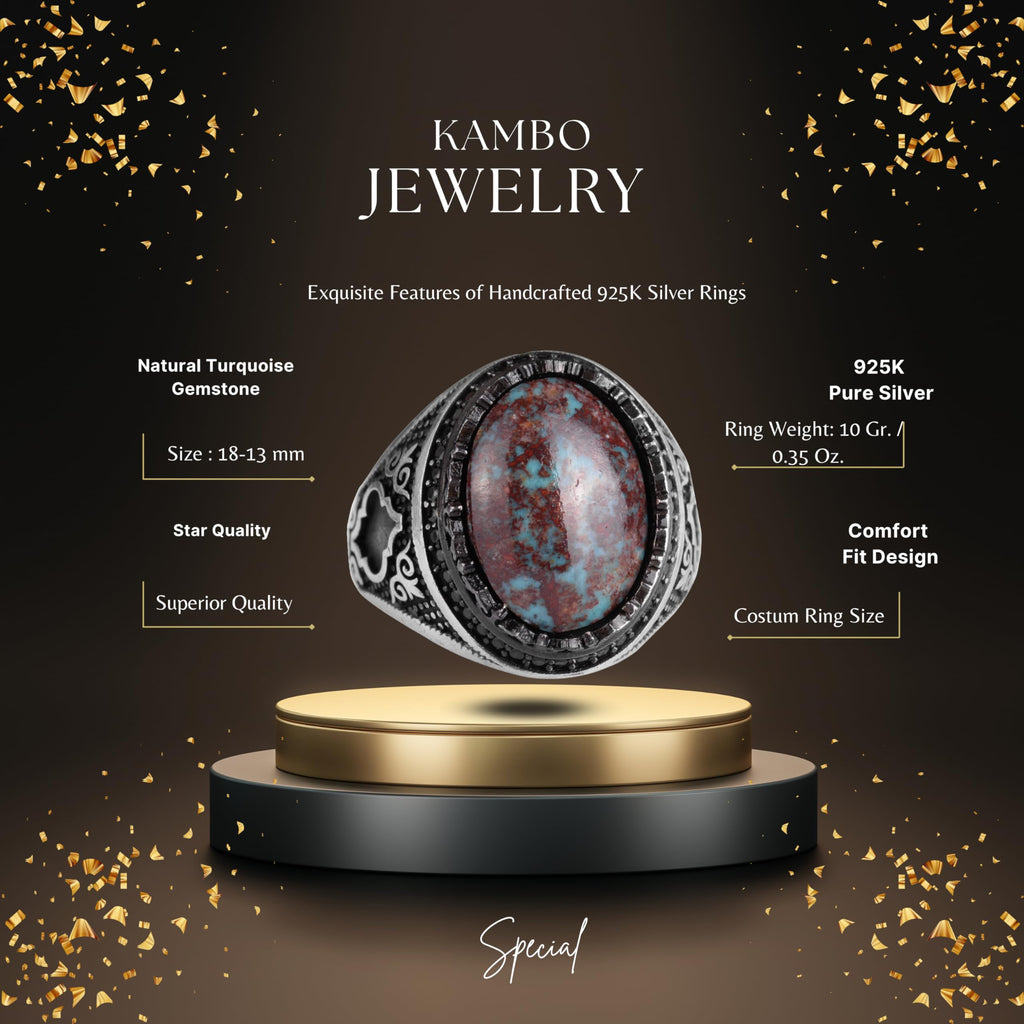 KAMBO Natural Turquoise Stone 925 Sterling Silver Men's Ring - Seljuk Figure Pattern Vintage Statement Jewelry (Style-2) — 2