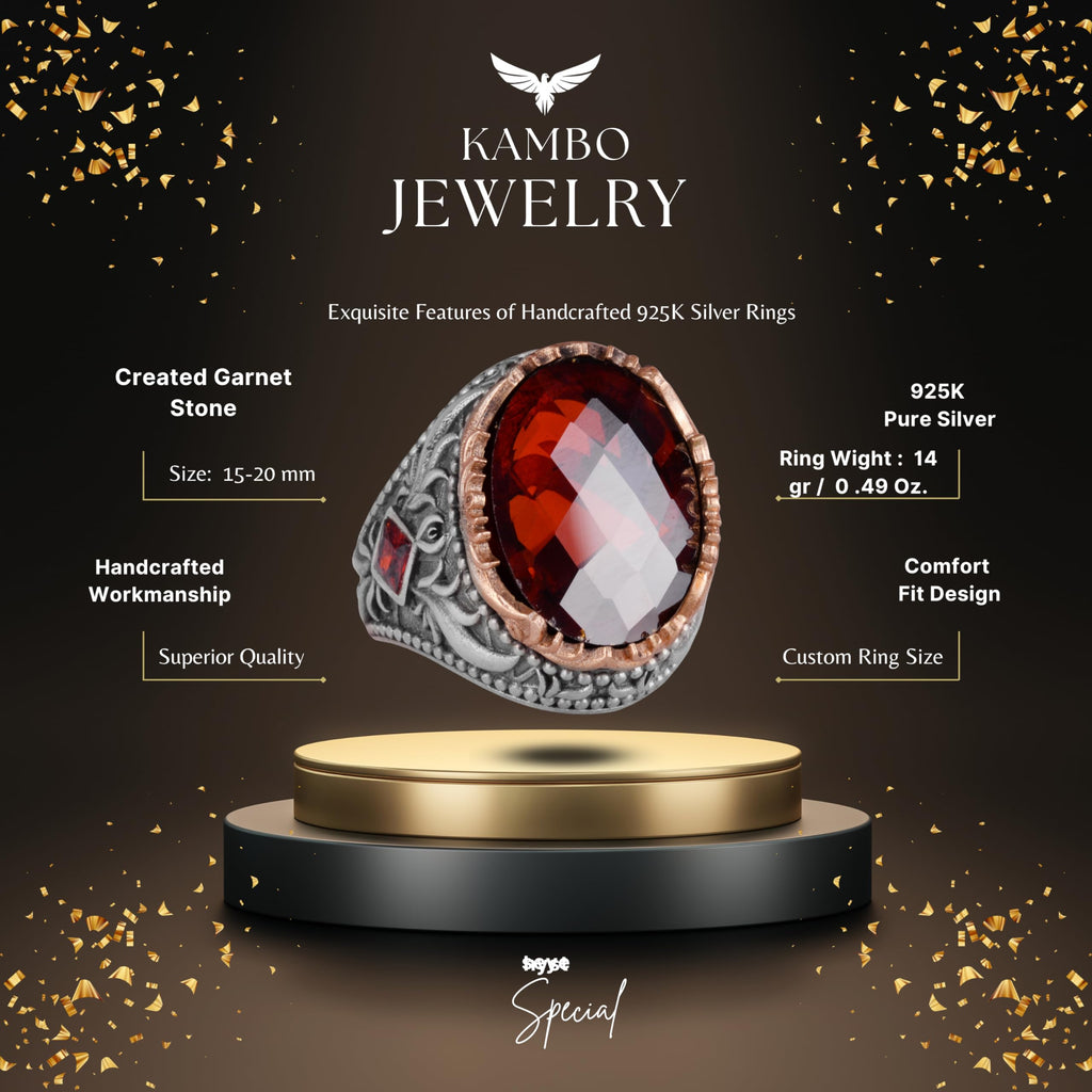 Kambo Synthetic Stone Ring – Unique Handmade Men's Ring, Elegant 925 Sterling Silver Jewelry (Synthetic Garnet) — 2
