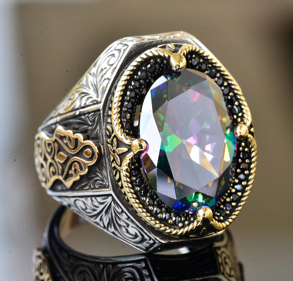 Handmade Silver Men's Ring - Synthetic Mystic Topaz Stone — 3