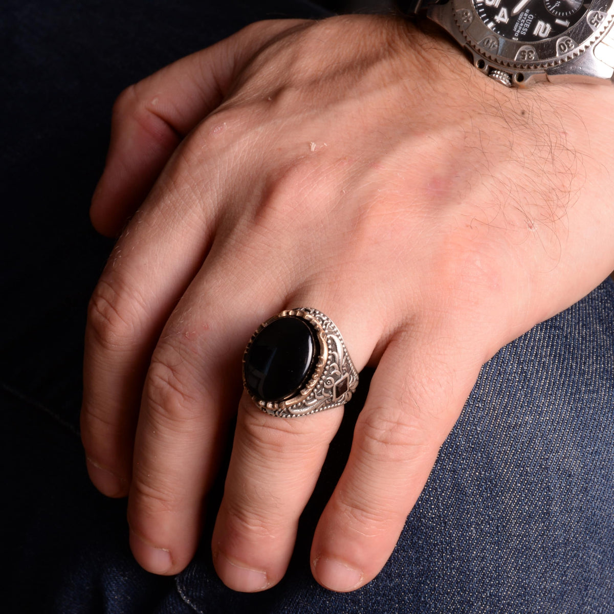 Natural Stone Men's Ring, 925 Sterling Silver Handcrafted Oval Ring — 3