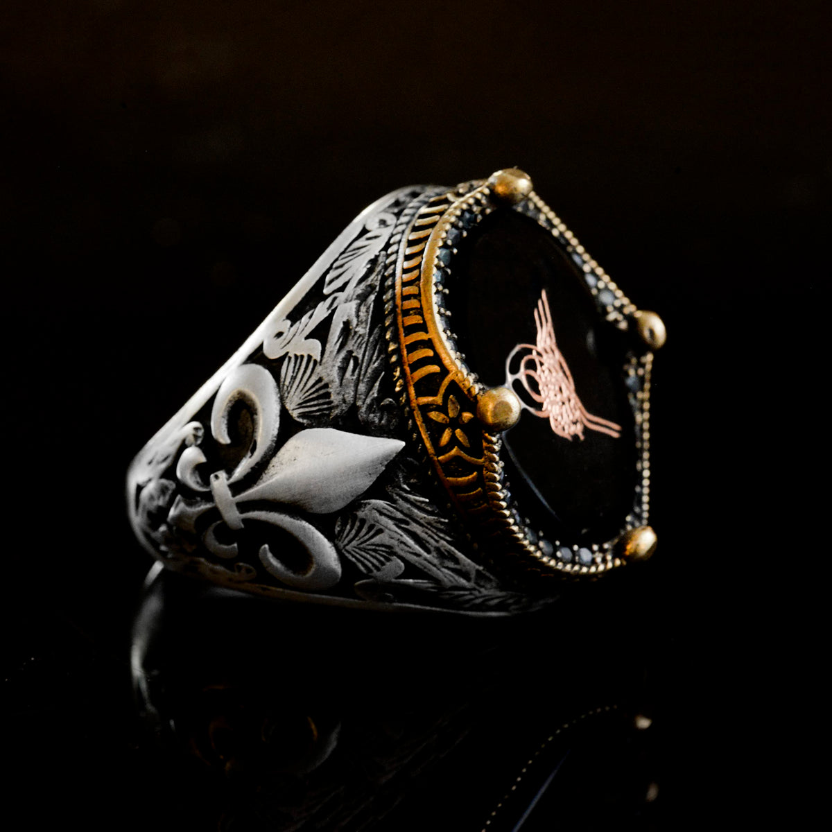 Handmade Black Onyx Stone Ring, 925 Sterling Silver Men's Ring, Turkish Tughra Design — 3