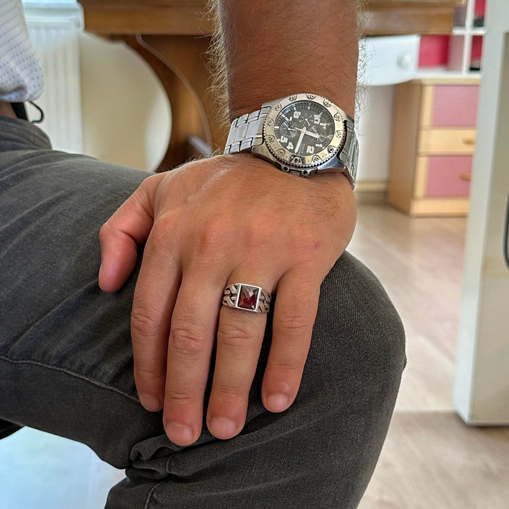 KAMBO Silver Greek Keychain, Created Garnet Stone - Handmade Ring for Capricorn Passion and Strength — 2