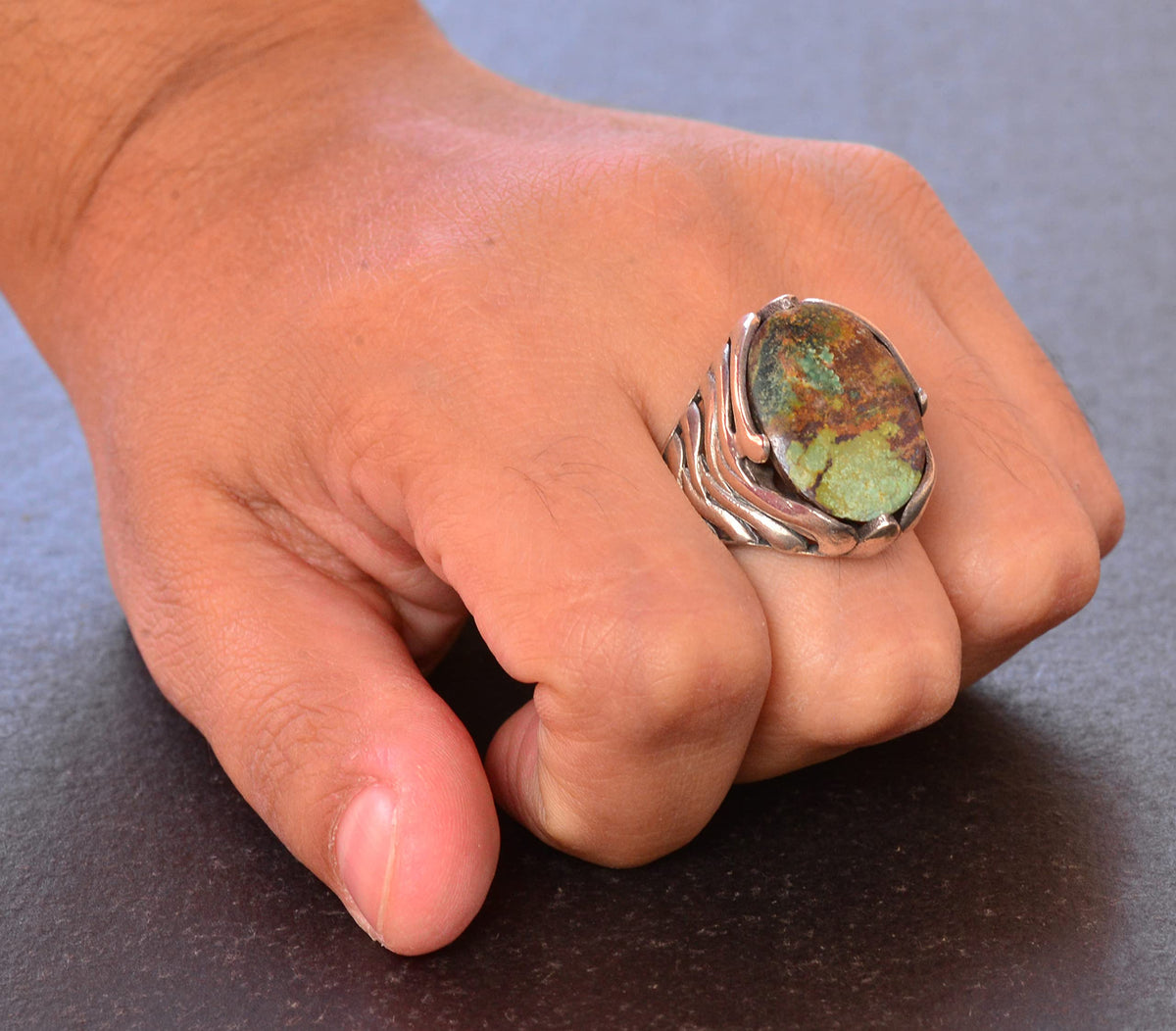 Natural Arizona Turquoise Stone Ring - Silver Men's Ring (Model-2) — 7