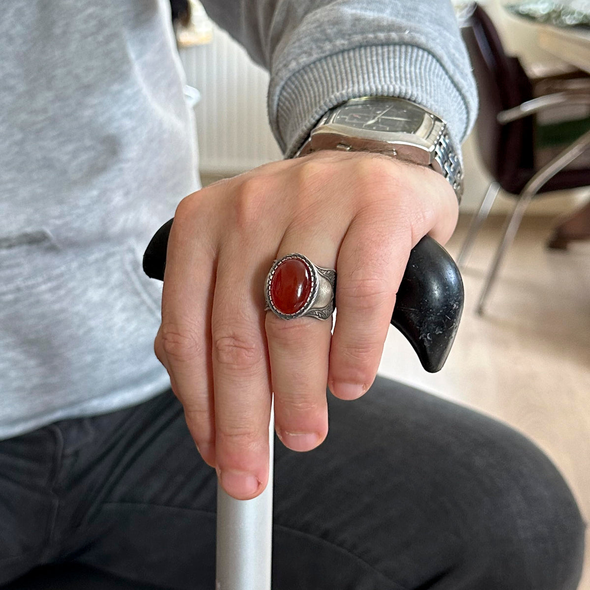 Natural Stone Ring, 925 Sterling Silver Ring, Red Agate — 3