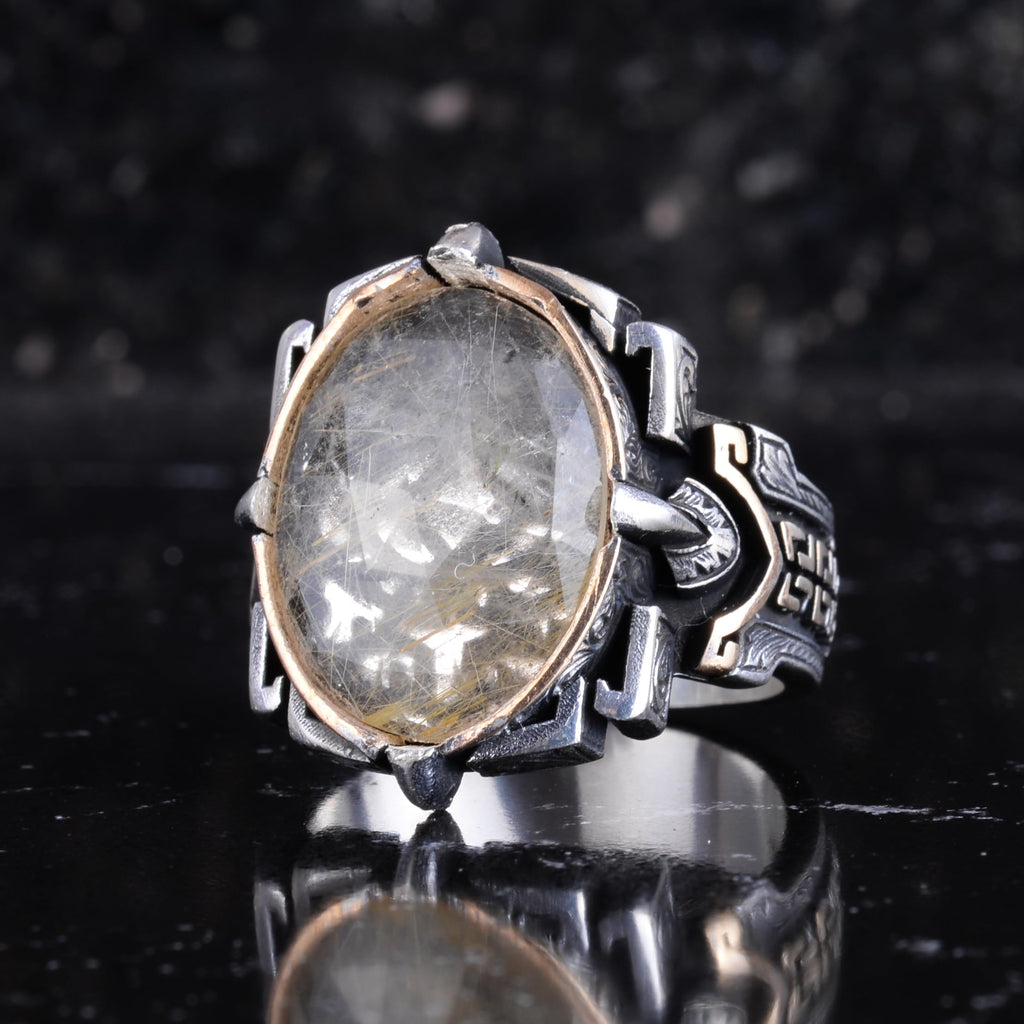 KAMBO Natural Stone Ring 925 Sterling Silver – Handmade Men's Statement Ring Healing Jewelry (Golden Rutilated Quartz) — 5