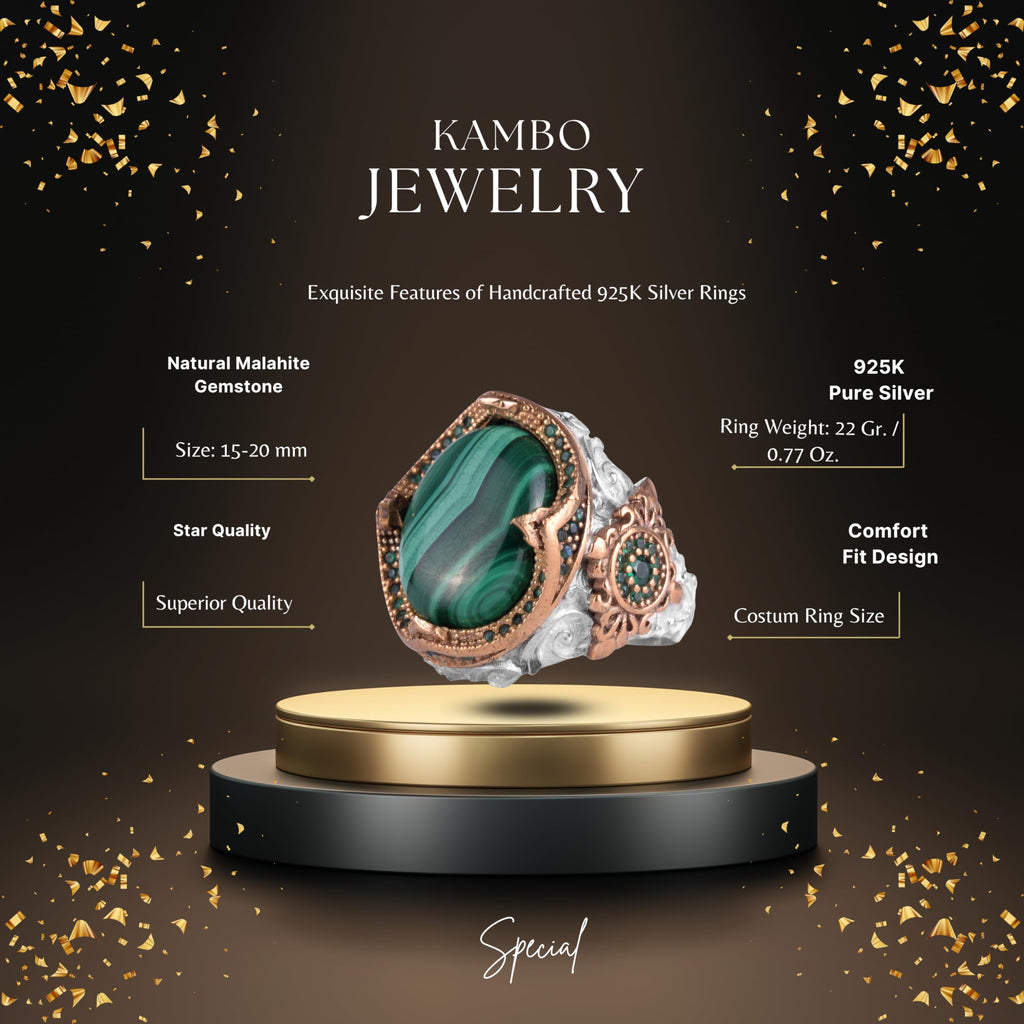 KAMBO Natural Stone Men's Ring – 925 Sterling Silver Bronze Detail Statement Ring – Large Oval Green Handmade Ring (Malachite) — 2