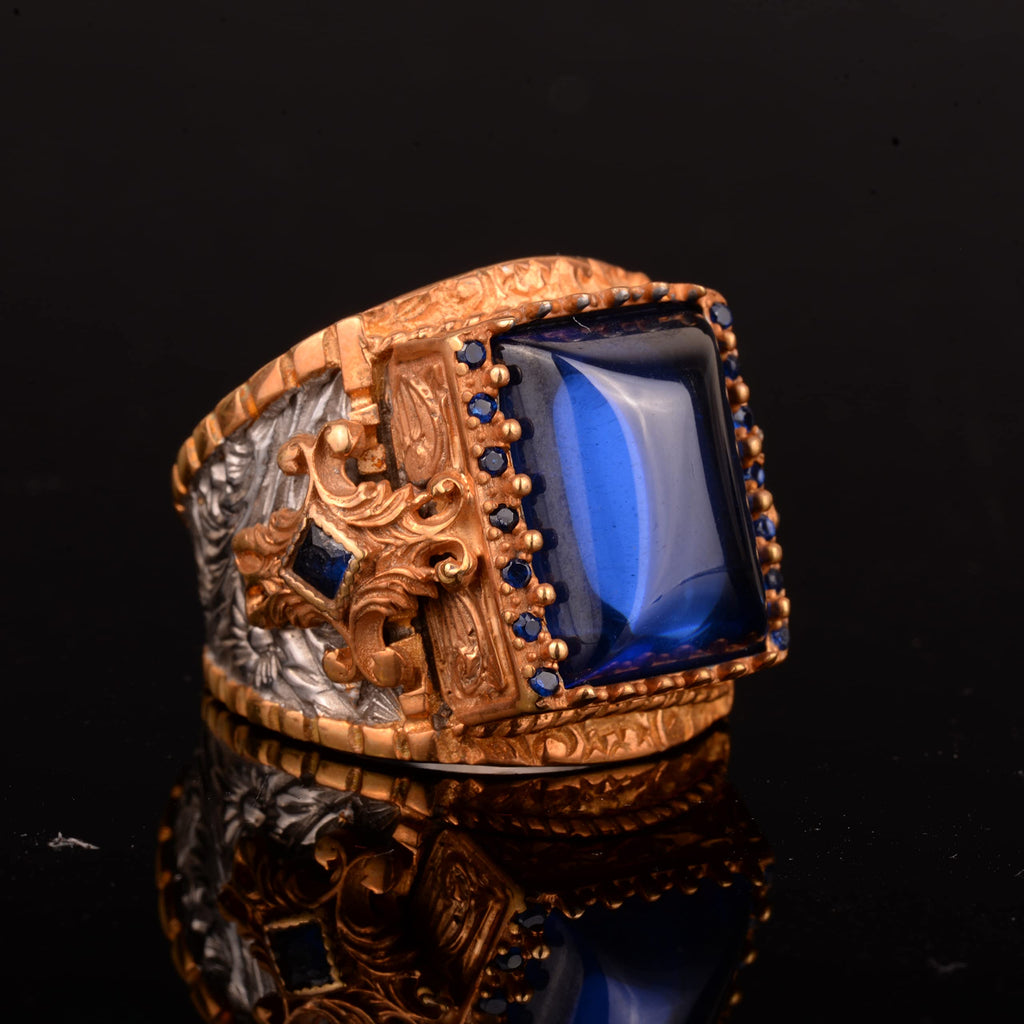 Blue Agate Stone Silver Men's Ring - Gold Plated — 3