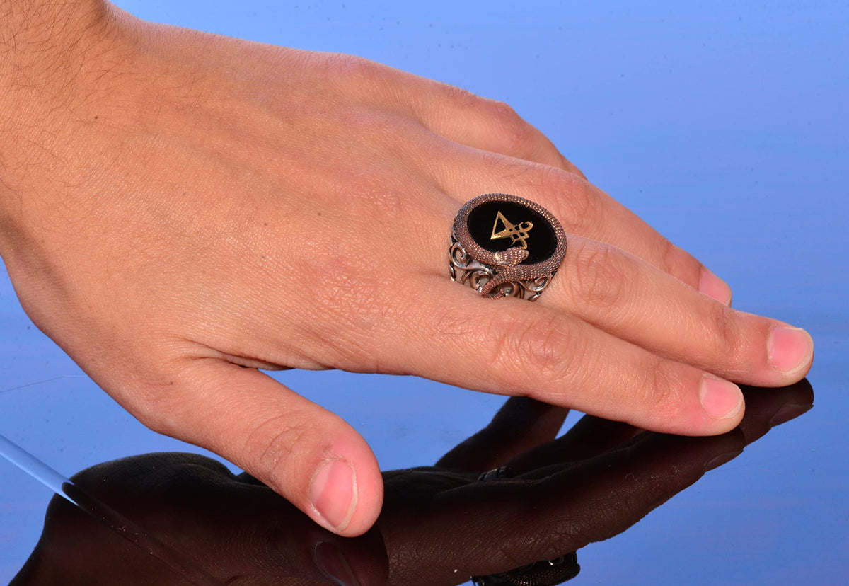 925 Sterling Silver Men's Ring - Artificial Onyx Stone - Snake Design - Signet Ring (Lucifer) — 6