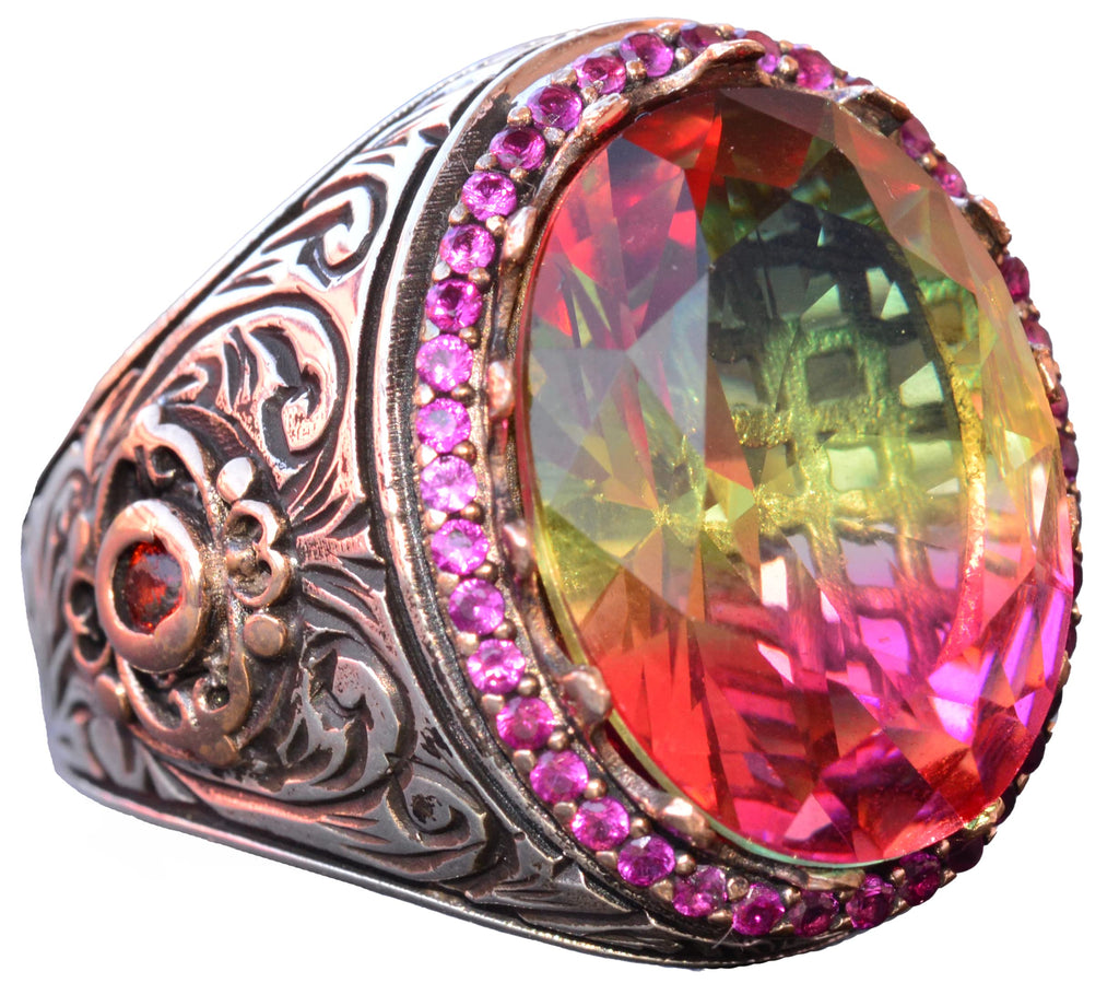 925 Sterling Silver King Ring - Multicolored Artificial Stone - Handmade Men's Jewelry