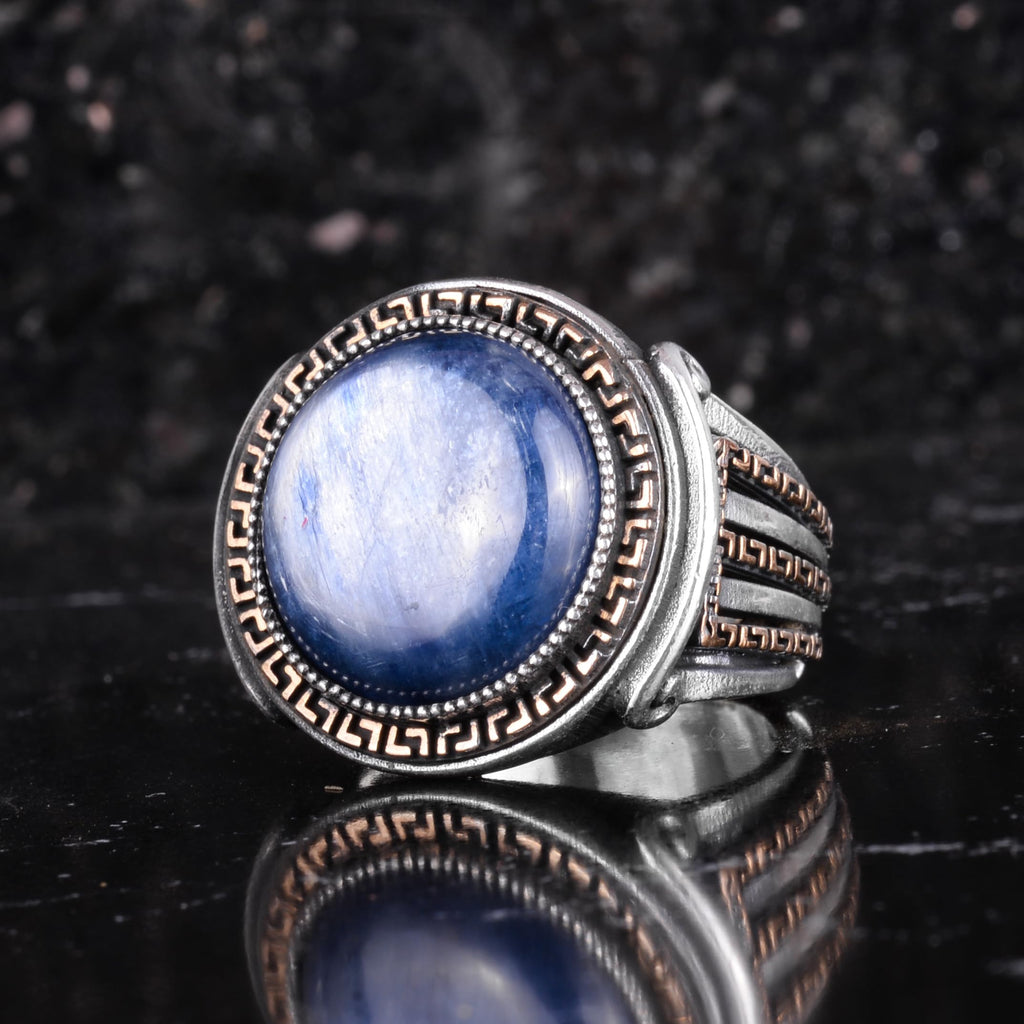 KAMBO Stone Round Men's Ring 925 Sterling Silver – Cabochon Handmade Vintage Greek Pattern Statement Ring (Kyanite) — 5