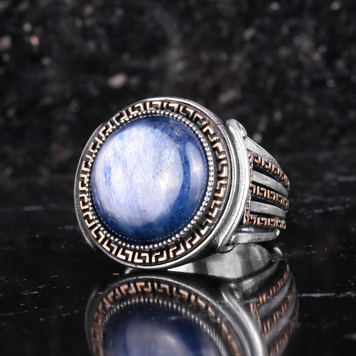 KAMBO Stone Round Men's Ring 925 Sterling Silver – Cabochon Handmade Vintage Greek Pattern Statement Ring (Kyanite) — 5
