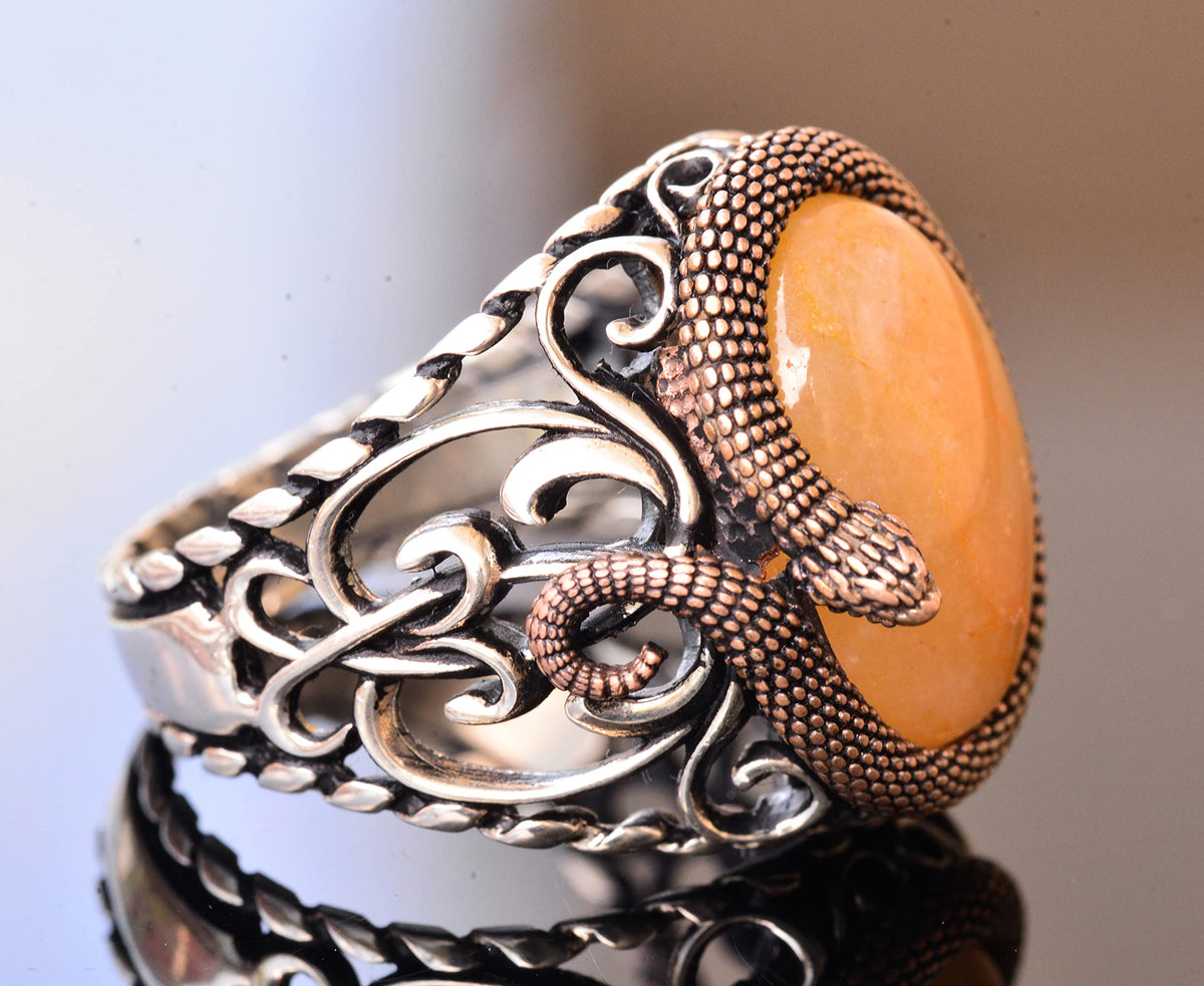 925 Sterling Silver Men's Ring - Handmade Elegance with Natural Amber Stone — 4