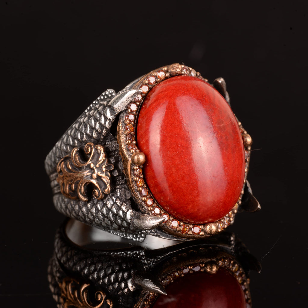 Natural Coral Stone Ring - Handmade 925 Sterling Silver Ring — 3