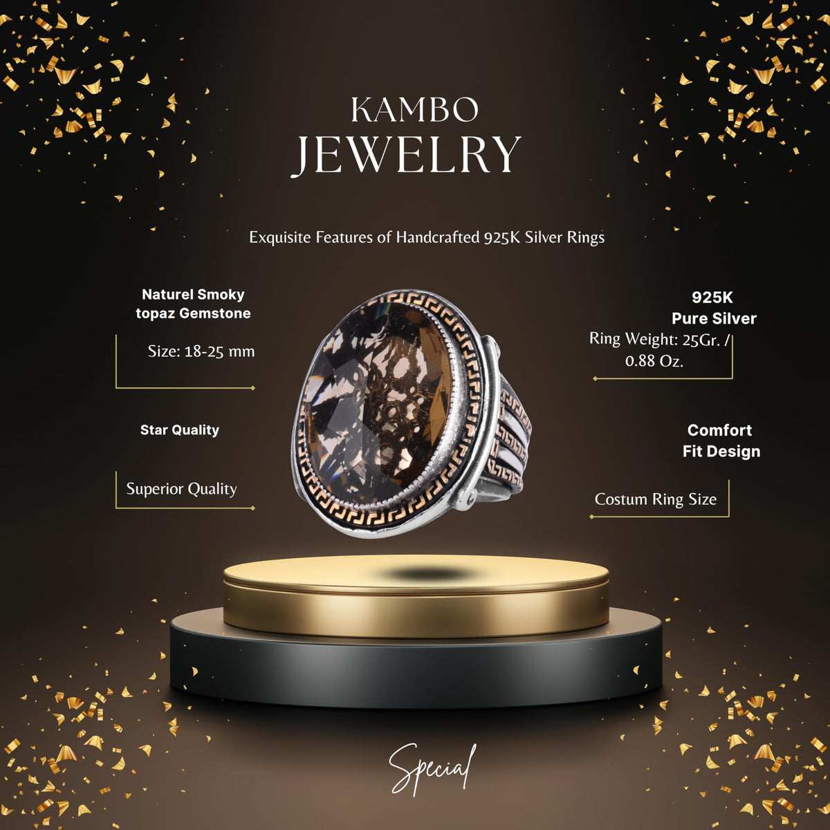 KAMBO Men's Genuine Natural Stone Ring – 925 Sterling Silver Large Statement Ring – Handmade Vintage Design – Dark Silver Ring (Smoky Topaz) — 2