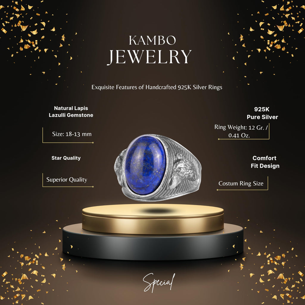 KAMBO Natural Stone Men's Ring – 925 Sterling Silver Ring – Wolf Head Expression – Vintage Men's Jewelry (Lapis Lazuli) — 3