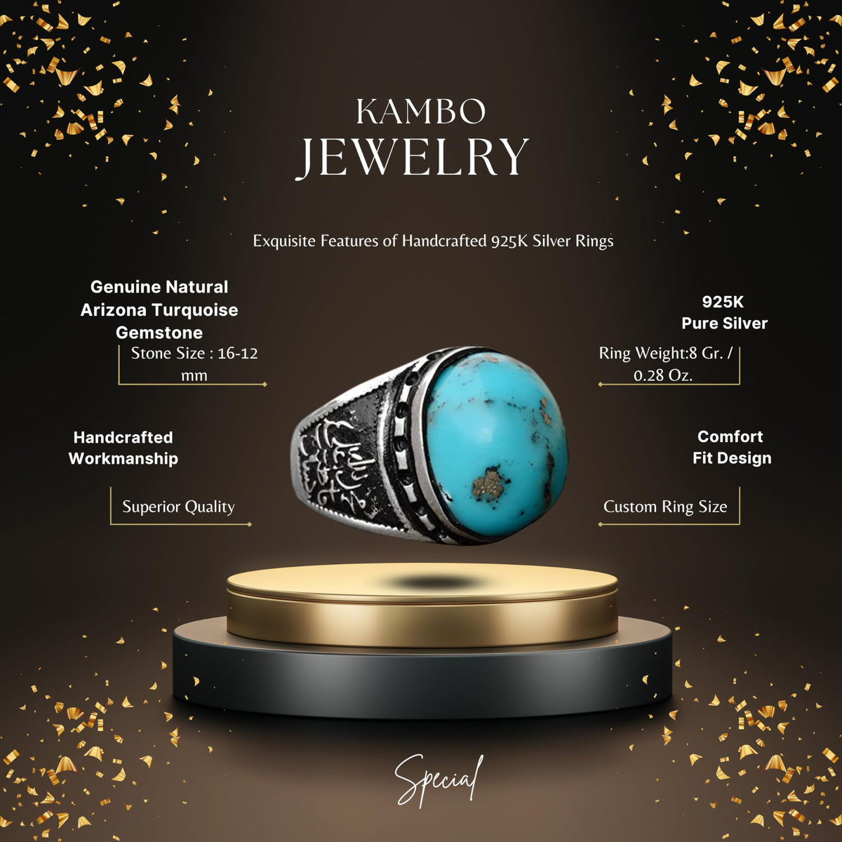 Genuine Arizona Turquoise Gemstone Ring, 11.15 Carat, Arabic Ring, Islamic Ring, Sterling Silver Ring, Blue