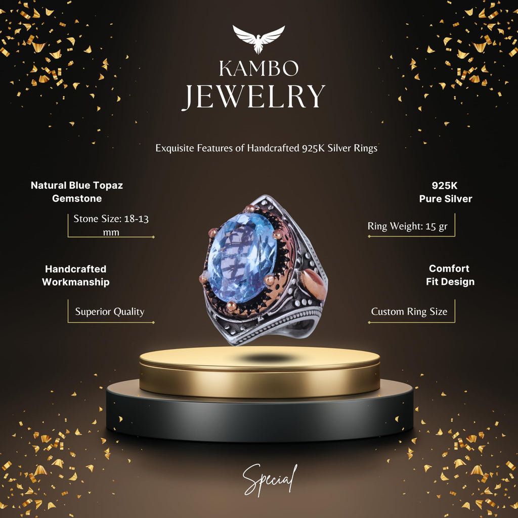 Natural Blue London Topaz Stone Ring, Silver Men's Ring — 2