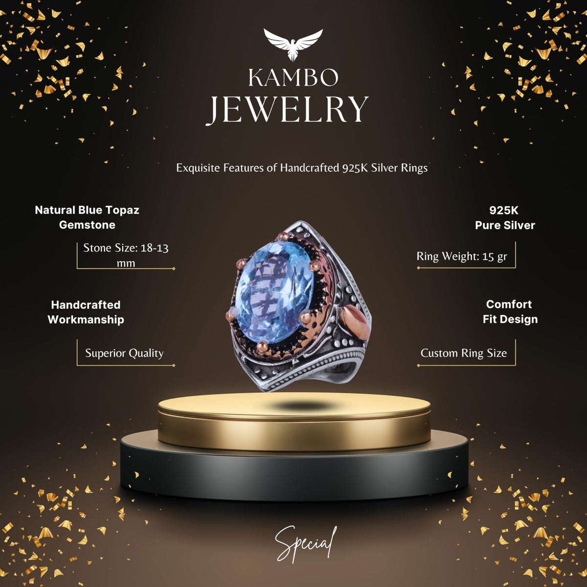 Natural Blue London Topaz Stone Ring, Silver Men's Ring — 2