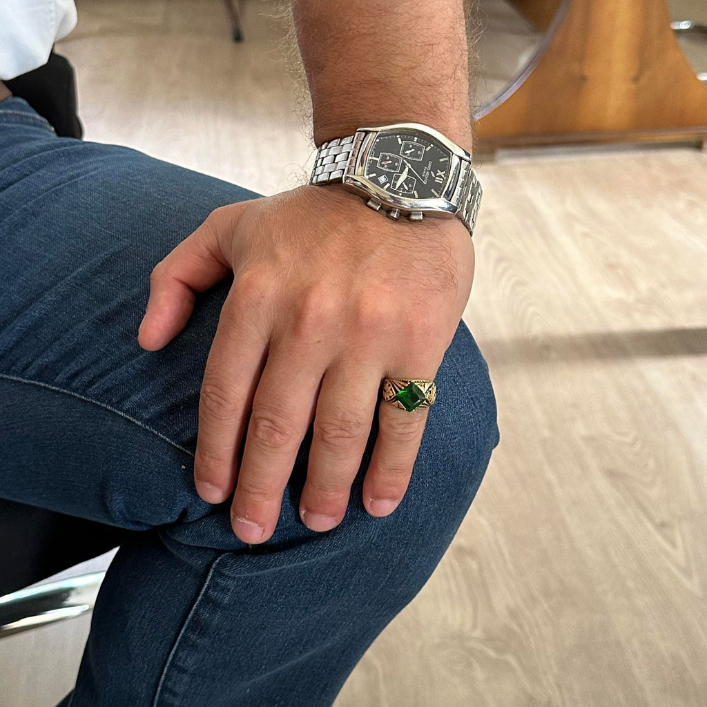 KAMBO Handmade 925 Sterling Silver Ring with Created Emerald Stone, Modern Men's Statement Jewelry, Gold Plated Design, 