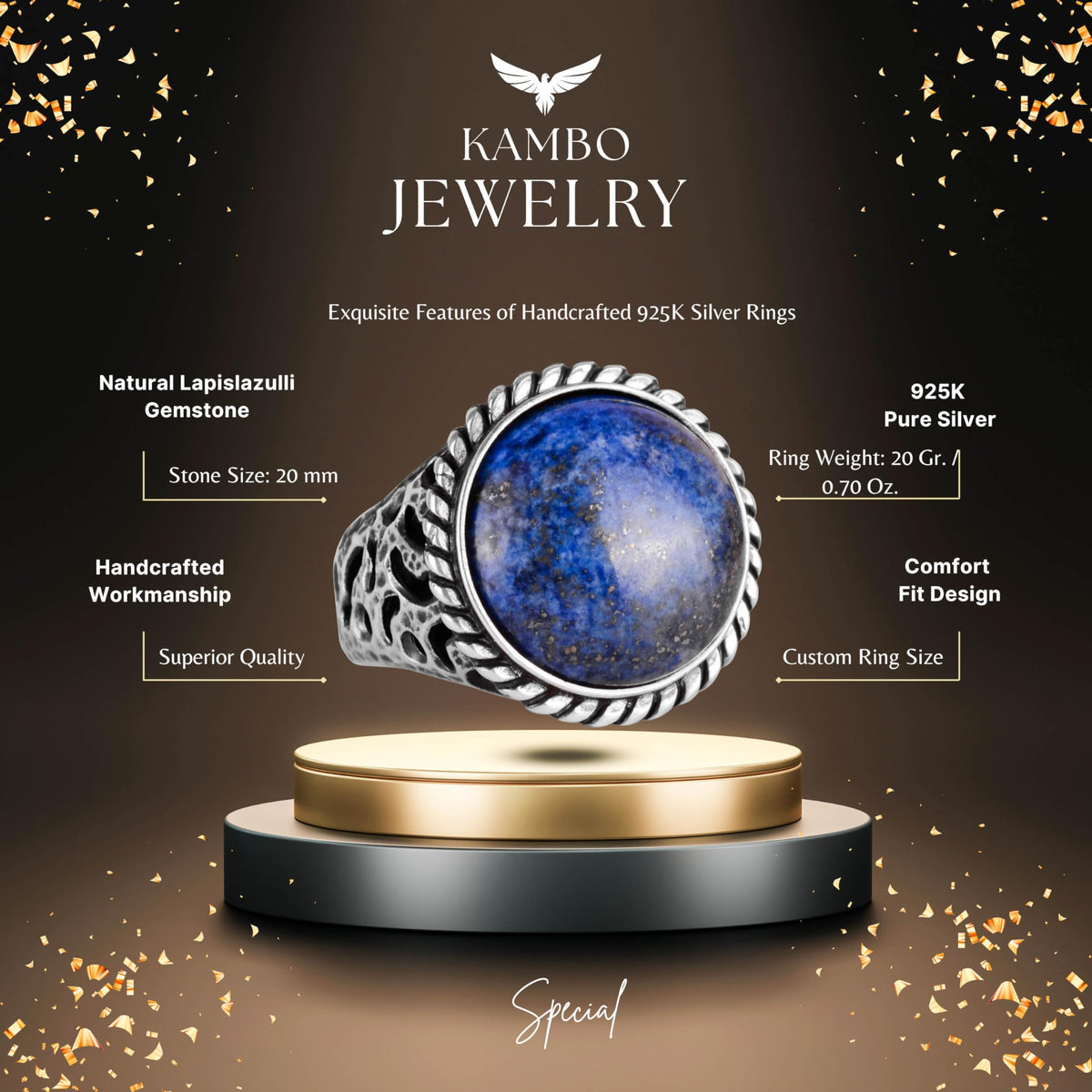 Natural Stone Ring - 925 Sterling Silver Men's Ring with Lapis Lazuli — 2
