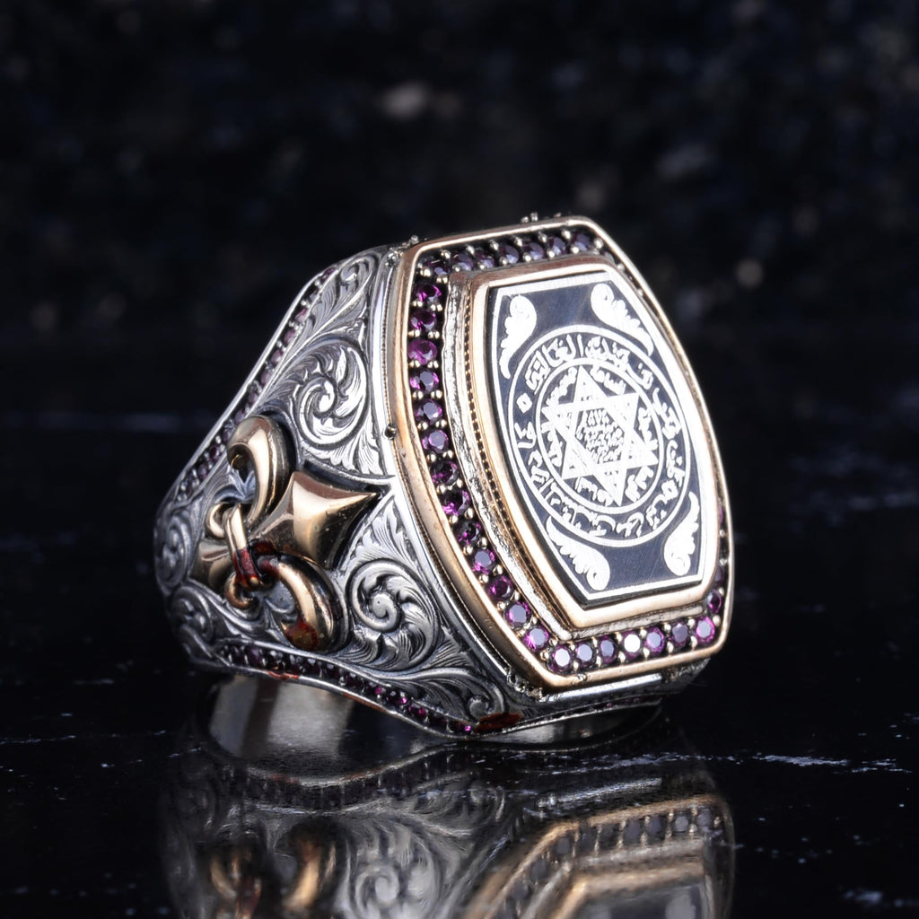 KAMBO Star of David Embroidered Men's Ring – 925 Sterling Silver Purple Stone and Horse Hoof Detailed Hexagonal Statement Ring – Vintage Handmade Design — 6