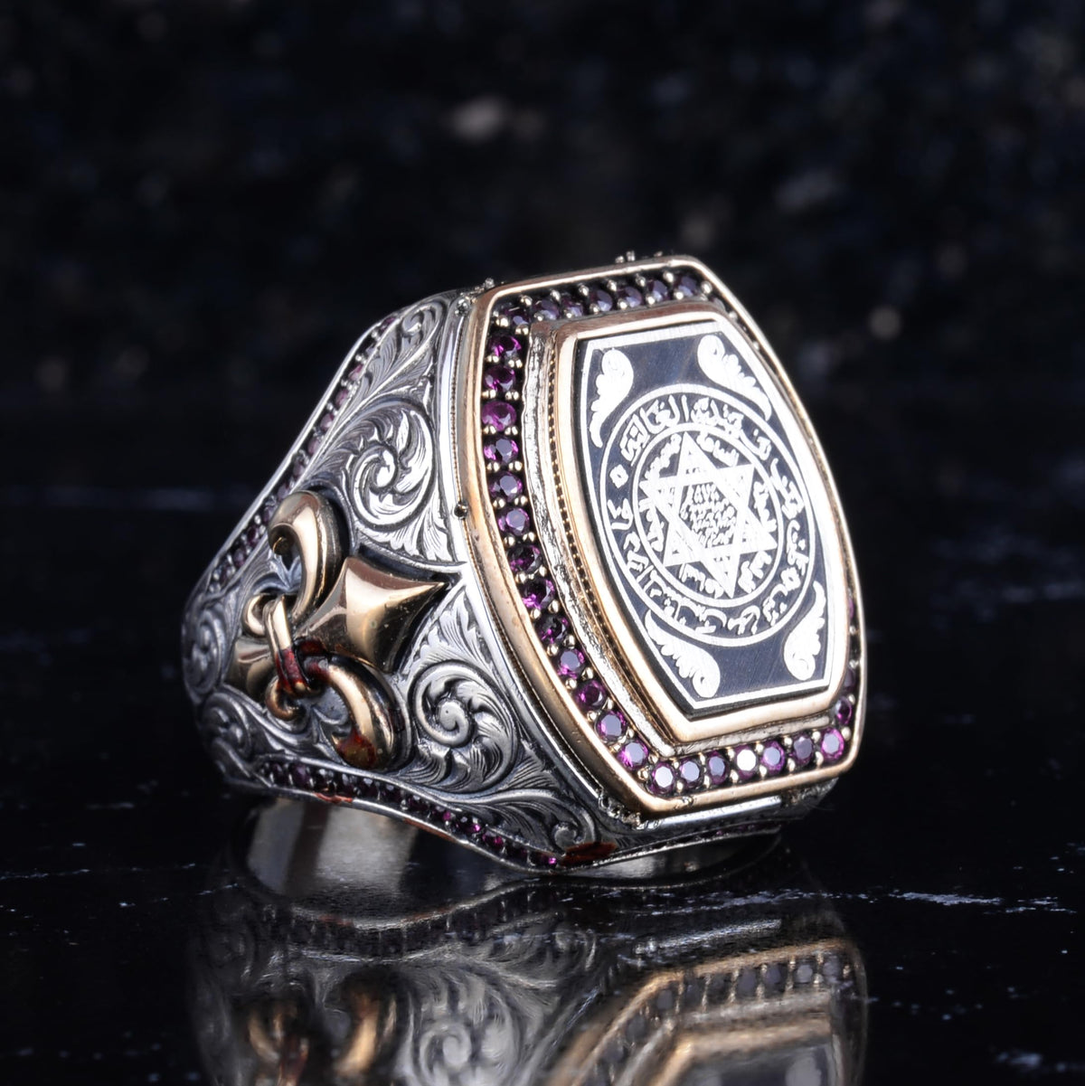 KAMBO Star of David Embroidered Men's Ring – 925 Sterling Silver Purple Stone and Horse Hoof Detailed Hexagonal Statement Ring – Vintage Handmade Design — 6